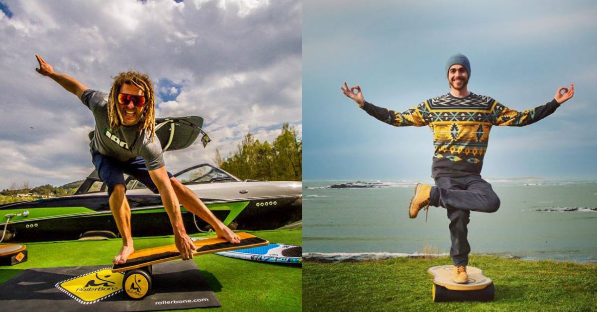 Two guys doing different movements on a balance board