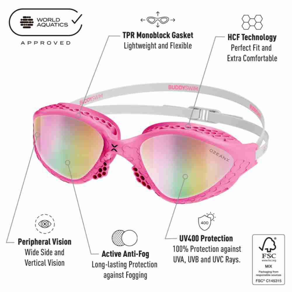 25133553-Features Swim Goggles Buddyswim OzeanX Pink-White/Iridium Mirror